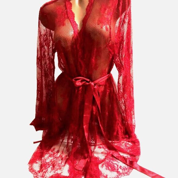 🔥 Victoria’s Secret Sexy Lace Fishnet Red Embroidered Sheer Robe Sz XS/Small New - Picture 4 of 7